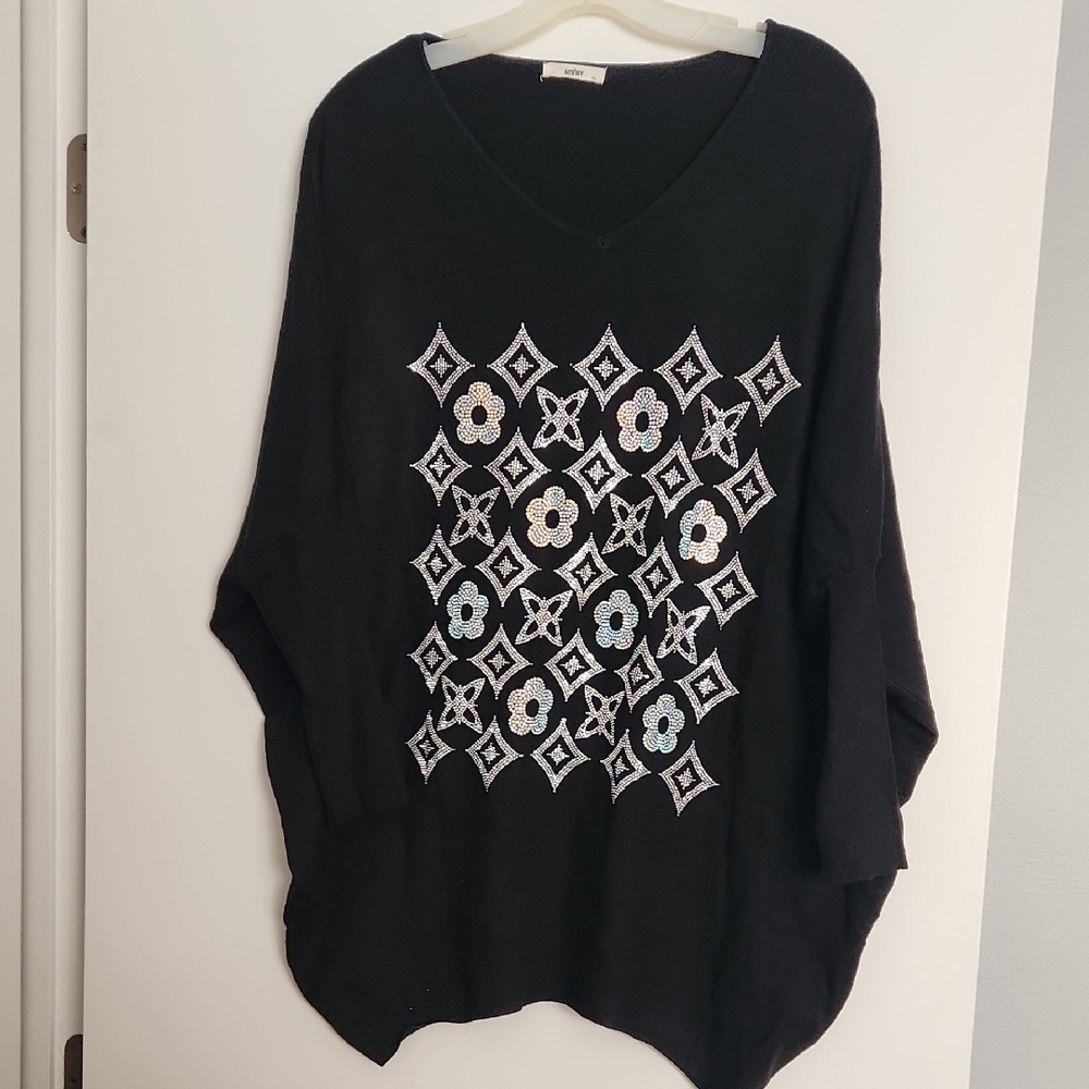 Black V-Neck Top with Rhinestone Pattern